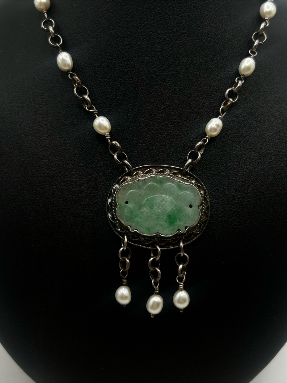 Traditional Carved Jade Necklace with Freshwater Pearl and Sterling Silver Chain